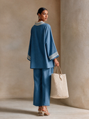 Women's Casual Retro Striped V-Neck Kaftan Top And Wide-Leg Pants Two-Piece Set ZMZ0894I4XT
