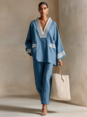 Women's Casual Retro Striped V-Neck Kaftan Top And Wide-Leg Pants Two-Piece Set ZMZ0894I4XT
