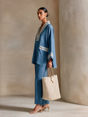 Women's Casual Retro Striped V-Neck Kaftan Top And Wide-Leg Pants Two-Piece Set ZMZ0894I4XT