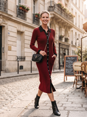 Women's Ribbed Knit Polo Collar Midi Dress With Contrast Trim ZMZ0939I2YZH