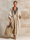 Women's Striped-Trim V-Neck Linen Kaftan Maxi Dress ZMZ0852I1XT