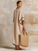 Women's Striped-Trim V-Neck Linen Kaftan Maxi Dress ZMZ0852I1XT