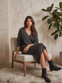 Women's Distressed V-Neck Sweater & Fringe Hem Knit Midi Skirt Set ZMZ0910I0YZH
