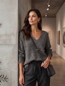 Women's Distressed V-Neck Loose Knit Sweater With Frayed Trim ZMZ0931I7YZH