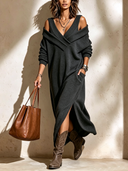 Women's Stylish Dark Gray V-neck Off-shoulder Maxi Dress With Side Slit ZMZ1006I7SWL