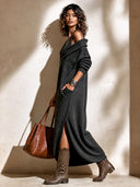 Women's Stylish Dark Gray V-neck Off-shoulder Maxi Dress With Side Slit ZMZ1006I7SWL
