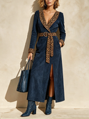 Women's Fashionable Navy Blue Patchwork Leopard Print Faux Suede Belt Long-sleeved Dress ZMZ1092I4SWL