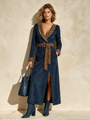Women's Fashionable Navy Blue Patchwork Leopard Print Faux Suede Belt Long-sleeved Dress ZMZ1092I4SWL