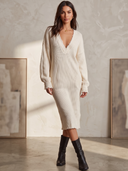 Women's V-Neck Long Sleeve Ribbed Knit Sweater Midi Dress ZMZ0926I6YZH