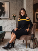 Women's Cold Shoulder Ribbed Knit Sweater Dress With Color Block Stripe ZMZ0931I6YZH