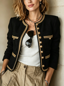 Women's Vintage-style Black Faux-wool Cropped Jacket With Gold Contrast Trim ZMZ1004I2SWL