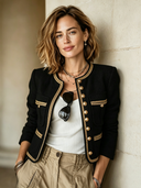Women's Vintage-style Black Faux-wool Cropped Jacket With Gold Contrast Trim ZMZ1004I2SWL