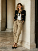 Women's Vintage-style Black Faux-wool Cropped Jacket With Gold Contrast Trim ZMZ1004I2SWL