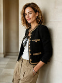 Women's Vintage-style Black Faux-wool Cropped Jacket With Gold Contrast Trim ZMZ1004I2SWL