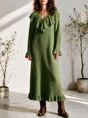 Women's Vintage Elegant Casual V-Neck Ruffled Long-Sleeve Loose Knit Maxi Dress ZMZ0991I4ZYY