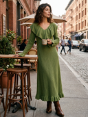 Women's Vintage Elegant Casual V-Neck Ruffled Long-Sleeve Loose Knit Maxi Dress ZMZ0991I4ZYY