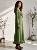 Women's Vintage Elegant Casual V-Neck Ruffled Long-Sleeve Loose Knit Maxi Dress ZMZ0991I4ZYY