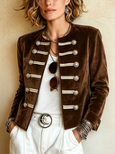 Women's Vintage-style Brown Velvet Cropped Jacket With Hook-and-eye Closure ZMZ1075I1SWL