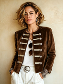 Women's Vintage-style Brown Velvet Cropped Jacket With Hook-and-eye Closure ZMZ1075I1SWL