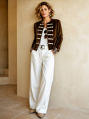 Women's Vintage-style Brown Velvet Cropped Jacket With Hook-and-eye Closure ZMZ1075I1SWL