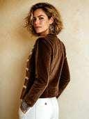 Women's Vintage-style Brown Velvet Cropped Jacket With Hook-and-eye Closure ZMZ1075I1SWL