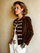 Women's Vintage-style Brown Velvet Cropped Jacket With Hook-and-eye Closure ZMZ1075I1SWL