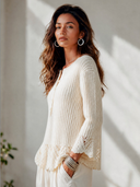 Women's French-style Elegant Henley Flared Cuffs Sweater ZMZ0988I3ZYY