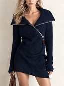 Women's Fashionable Navy Blue Zippered Collar Knit Long-sleeved Mini Dress ZMZ1006I9SWL