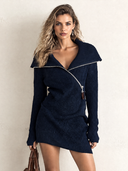 Women's Fashionable Navy Blue Zippered Collar Knit Long-sleeved Mini Dress ZMZ1006I9SWL