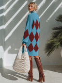 Women's French-style Elegant Loose-fit Turtleneck Mini Knit Dress With Diamond Pattern ZMZ0973I4ZYY