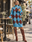 Women's French-style Elegant Loose-fit Turtleneck Mini Knit Dress With Diamond Pattern ZMZ0973I4ZYY