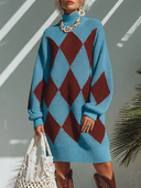 Women's French-style Elegant Loose-fit Turtleneck Mini Knit Dress With Diamond Pattern ZMZ0973I4ZYY