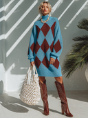 Women's French-style Elegant Loose-fit Turtleneck Mini Knit Dress With Diamond Pattern ZMZ0973I4ZYY