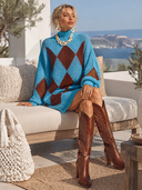 Women's French-style Elegant Loose-fit Turtleneck Mini Knit Dress With Diamond Pattern ZMZ0973I4ZYY