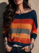 Women's Retro Casual Rainbow Striped Color Block Crew Neck Pullover Sweater ZMZ1144I2ZJY
