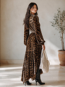 Women's Vintage-Style Elegant V-Neck Lantern Sleeves Leopard Print Velvet Maxi Dress ZMZ1082I6ZYY