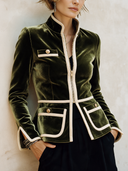 Women's Classic Army Green Velvet Zip-Up Jacket With Stand Collar And Contrast Piping ZMZ1173I2SWL