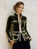 Women's Classic Army Green Velvet Zip-Up Jacket With Stand Collar And Contrast Piping ZMZ1173I2SWL