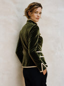 Women's Classic Army Green Velvet Zip-Up Jacket With Stand Collar And Contrast Piping ZMZ1173I2SWL