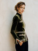 Women's Classic Army Green Velvet Zip-Up Jacket With Stand Collar And Contrast Piping ZMZ1173I2SWL