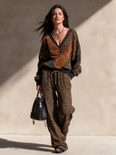 Women's Retro Casual Faux Suede Zebra Print V-Neck Pullover Sweatshirt And Pants Set ZMZ1172I4ZJY