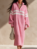Women's Retro Casual Cotton Yarn Color Block Striped Zipper Pullover Maxi Dress ZMZ1169I2ZJY