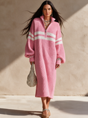 Women's Retro Casual Cotton Yarn Color Block Striped Zipper Pullover Maxi Dress ZMZ1169I2ZJY