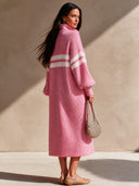 Women's Retro Casual Cotton Yarn Color Block Striped Zipper Pullover Maxi Dress ZMZ1169I2ZJY
