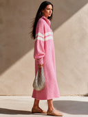 Women's Retro Casual Cotton Yarn Color Block Striped Zipper Pullover Maxi Dress ZMZ1169I2ZJY