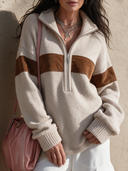 Women's Retro Casual Cotton Yarn Patchwork Zipper Pullover Sweater ZMZ1180I9ZJY
