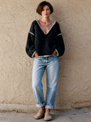 Women's Retro Casual Knitted Color Block V-Neck Pullover Sweater ZMZ1422I2ZJY