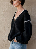 Women's Retro Casual Knitted Color Block V-Neck Pullover Sweater ZMZ1422I2ZJY