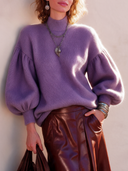 Women's Stylish, Warm, High-neck Purple Knit Sweater With Puff Sleeves ZMZ1497I4SWL