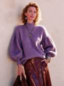 Women's Stylish, Warm, High-neck Purple Knit Sweater With Puff Sleeves ZMZ1497I4SWL